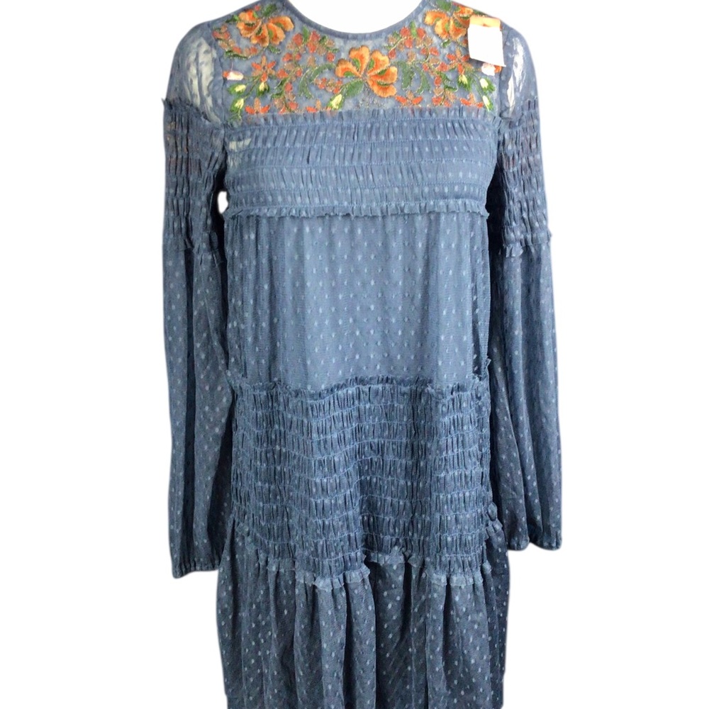 Mauve Anthropologie Sarama Embroidered Blue Dress XS Smocked
